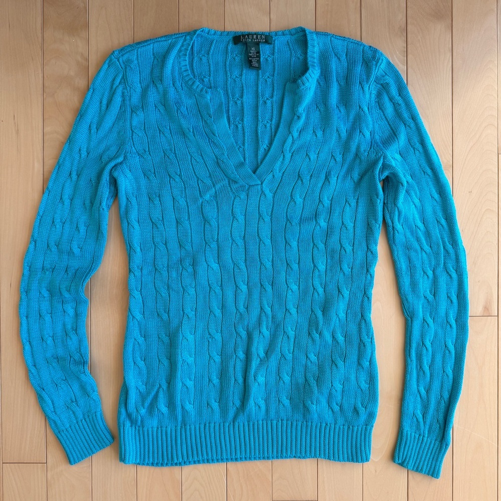 Lauren Ralph Lauren Turquoise Cable knit v neck sweater Y2K size XS